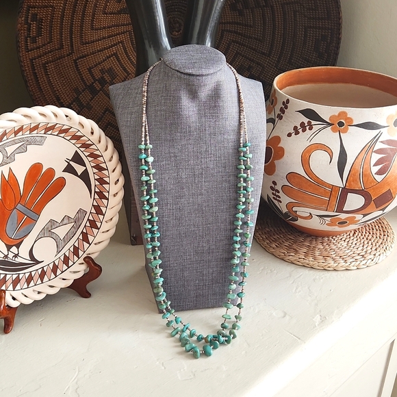 Gorgeous Native American Santo Domingo Double Strand Turquoise 31" Necklace 💚💙 - Picture 10 of 13